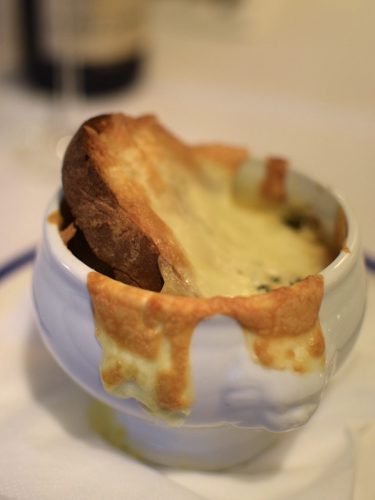 French onion soup with blue cheese and cognac